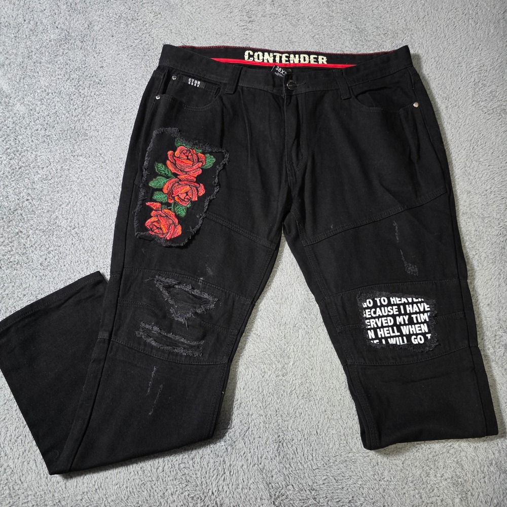 Contender Mens 38x32 Denim Pants Black Distressed Rose Graphic Streetwear Moto